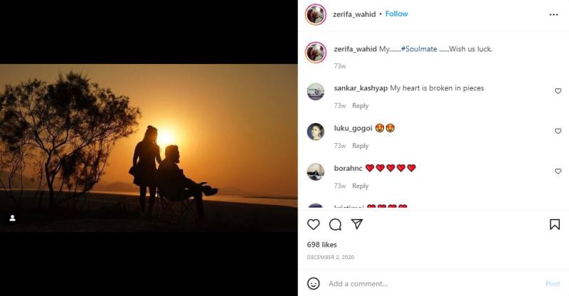 Zerifa Wahid's Instagram post in which she termed a person as her soulmate