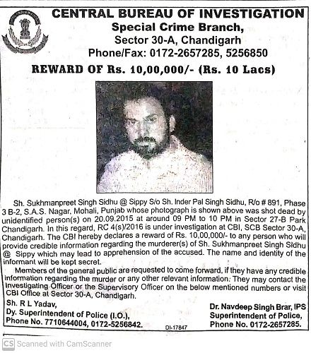 A poster of reward for Sippy Sidhu's murderer