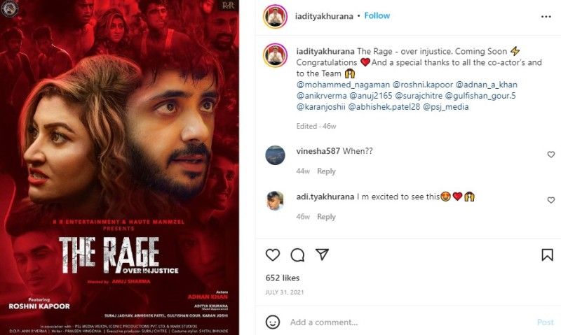 Aditya Khurana shares an Instagram post of his movie The Rage