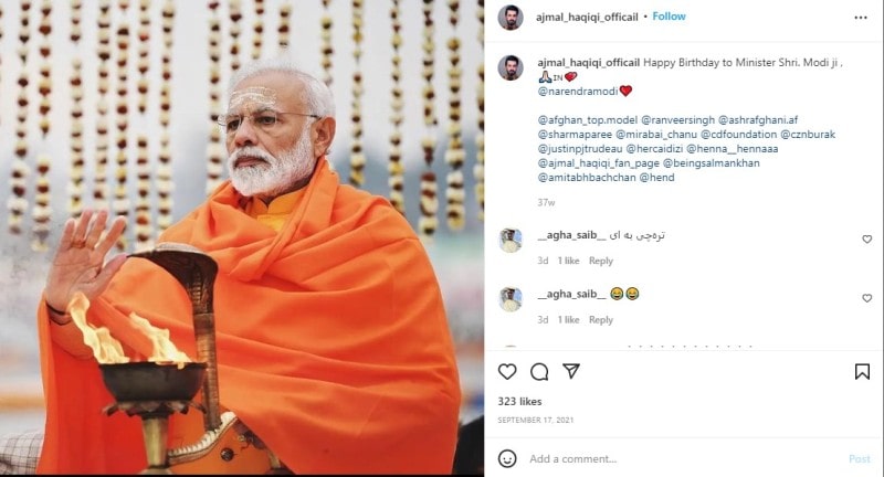 Ajmal Haqiqi, through his Instagram account, wishing PM Narendra Modi on his birthday
