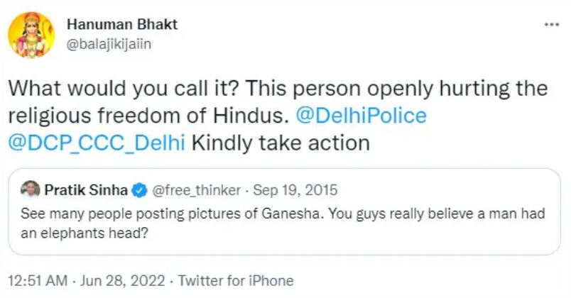 Hanuman Bhakt’s response to Pratik Sinha's 2015 tweet