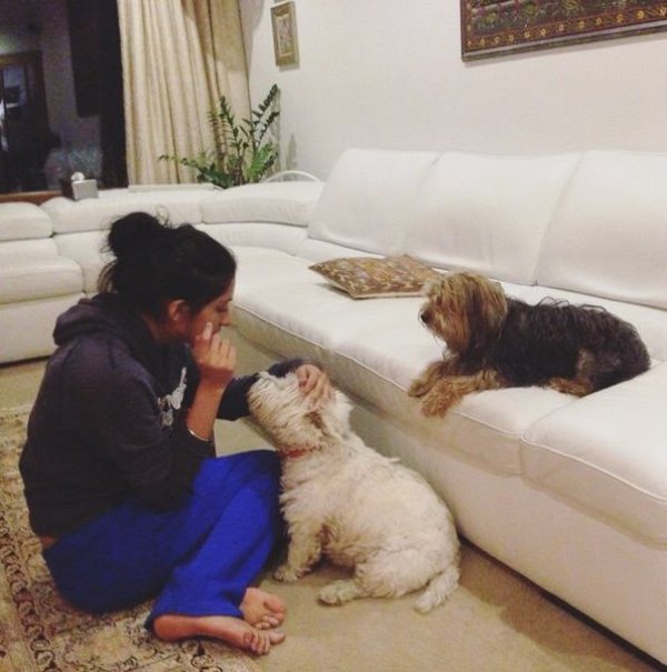 Paloma playing with her pet dogs