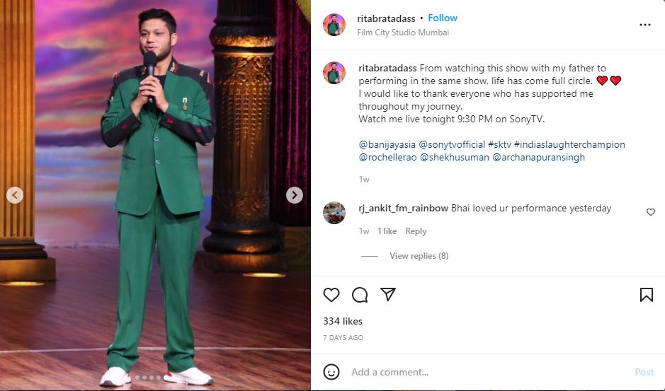 Ritabrata Dass shared a post on Instagram about his debut television show, India’s Laughter Champion