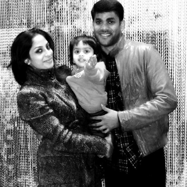 Sriya Reddy with her daughter Amalia Reddy, and husband, Vikram Krishna