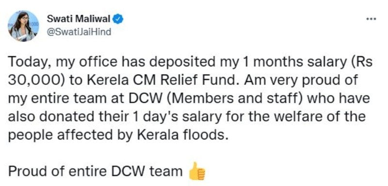 Swati Maliwal's tweet on pledging her monthly income to a charity