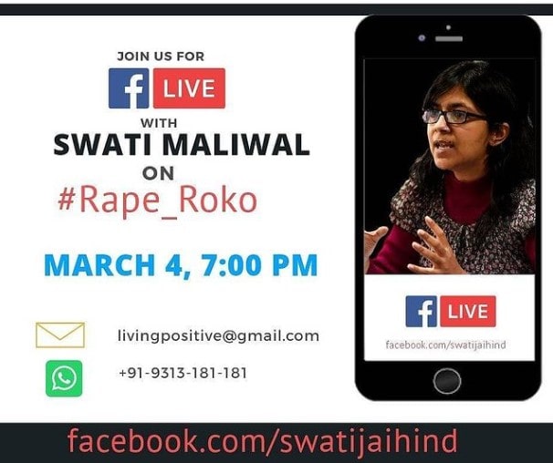 A poster informing about Swati Maliwal's live session on the Rape Roko campaign