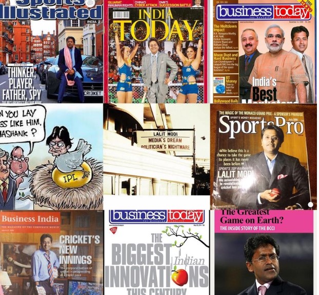 A collage of magazine cover pages on which Lalit Modi was featured
