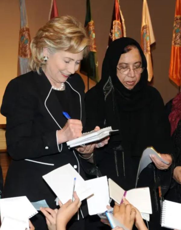 A picture of Huma Abedin's mother, Saleha Mahmood Abedin (right), along with Hillary Clinton at the Dar al-Hekma college for women during a town hall meeting in the Red Sea port city of Jeddah in 2010