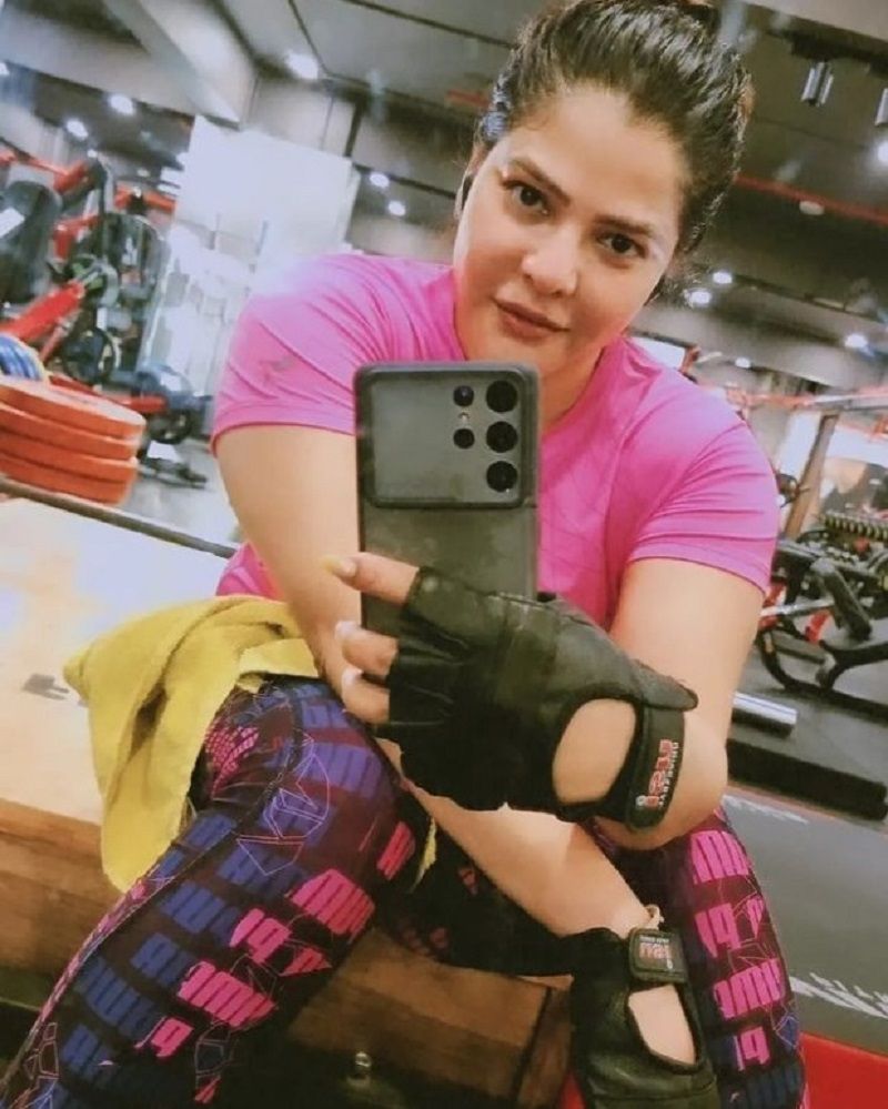 Arpita Mukherjee in her gym after a workout