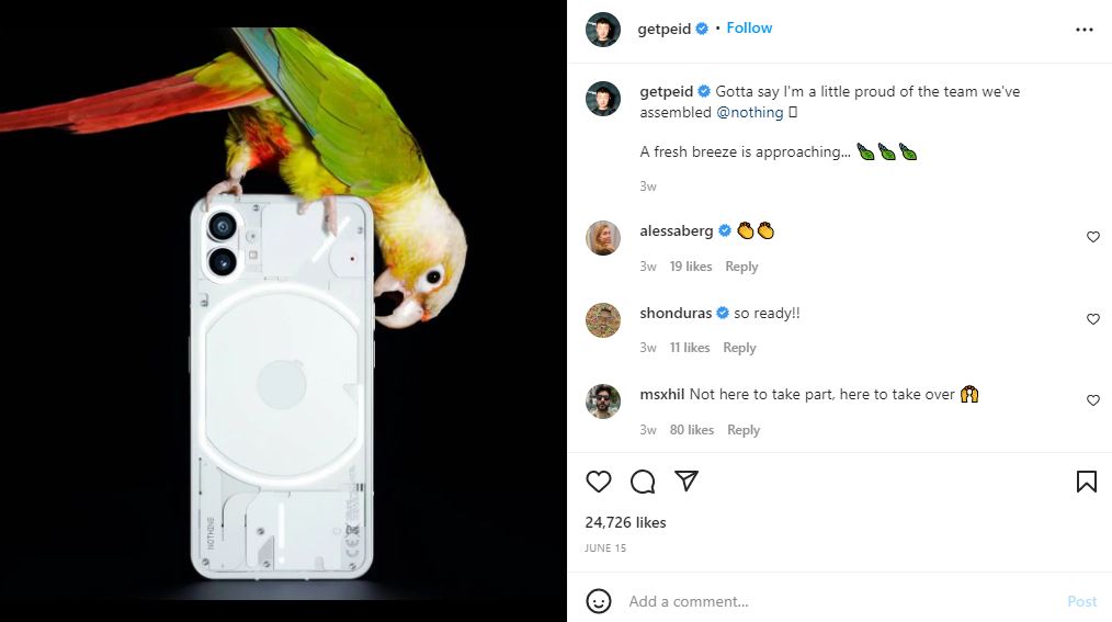 Carl Pei's Instagram post about Phone 1