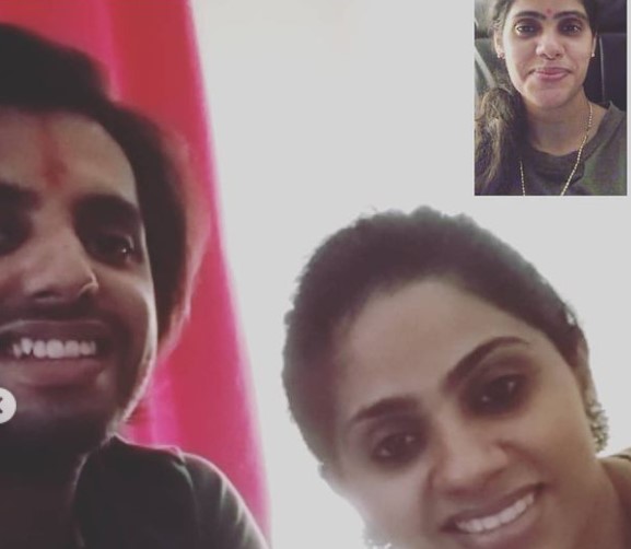 Cheitan Sharma with his two sisters on a video call