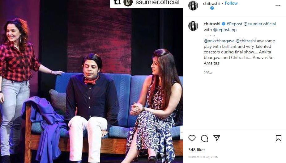 Chitrashi Rawat's Instagram post in which she is seen in the theatre play Amavas Se Amaltas