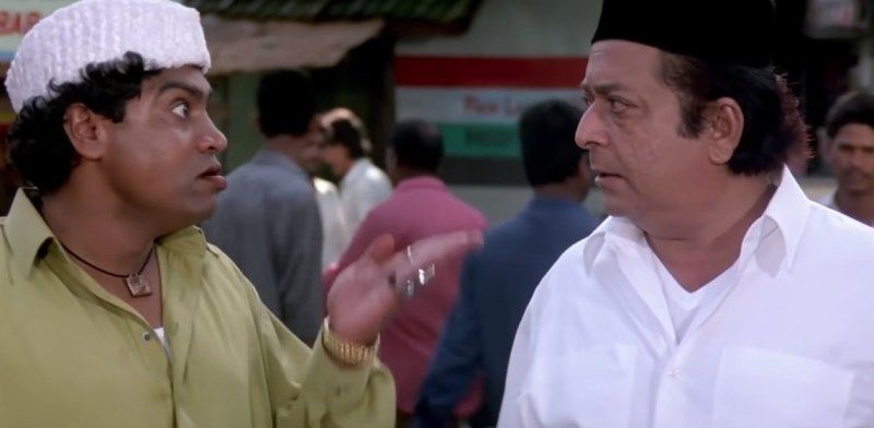 Dinesh Hingoo and Johnny Lever in a still from the Bollywood film 'Laawaris'