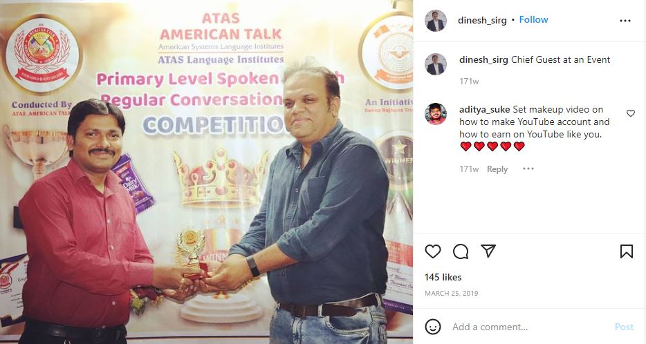 Dinesh Sir's Instagram post about an educational event where he was the chief guest