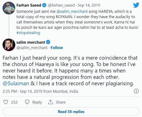 Farhan Saeed and Salim Merchant's tweets on copying the song