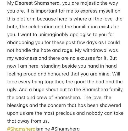 Karan Malhotra's Instagram post on the failure of the film Shamshera at the box office