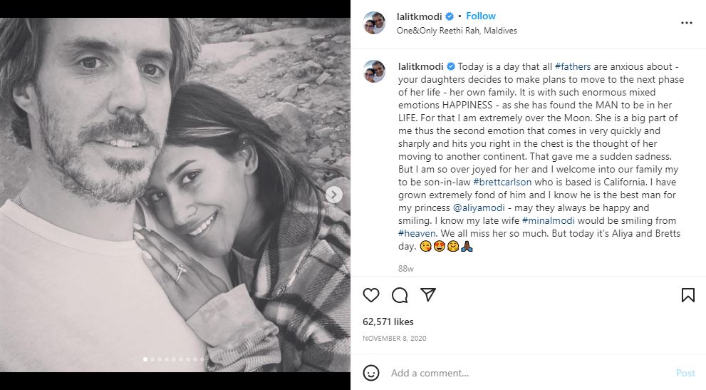 Lalit Modi's Instagram post in which he announced his daughter's relationship