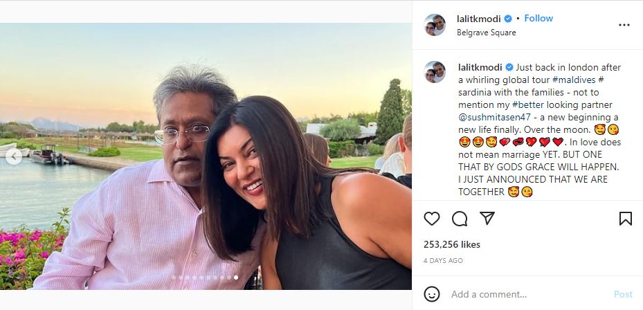 Lalit Modi's Instagram post in which he announced his relationship with actress Sushmita Sen