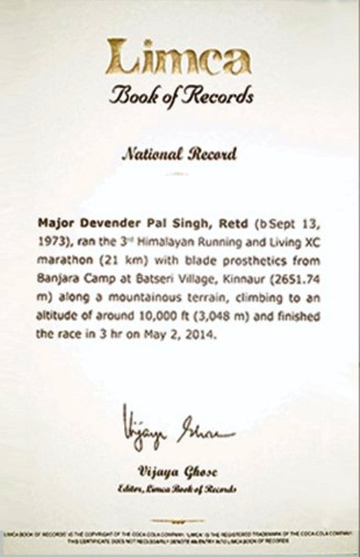 Limca Book of Records certificate given to Major DP Singh after completing his first high-altitude marathon