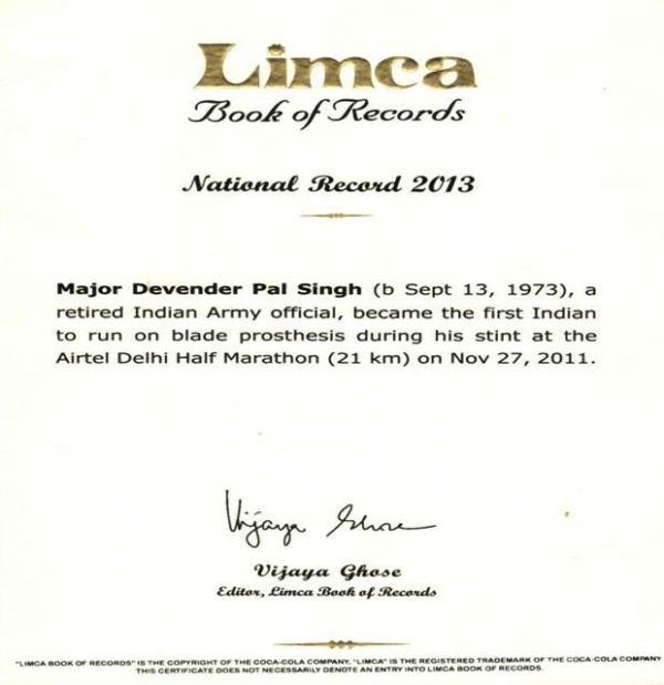 Limca Book of Records certificate given to Major DP Singh