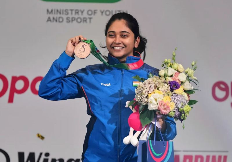 Mehuli Ghosh after winning bronze at the 2023 ISSF World Shooting Championships