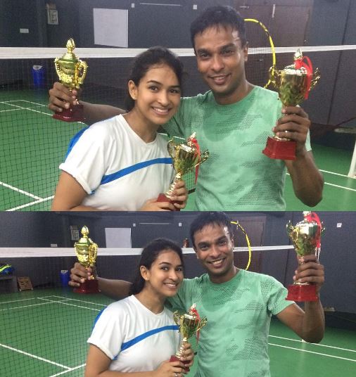 Misha Ghoshal after winning a mixed doubles badminton match