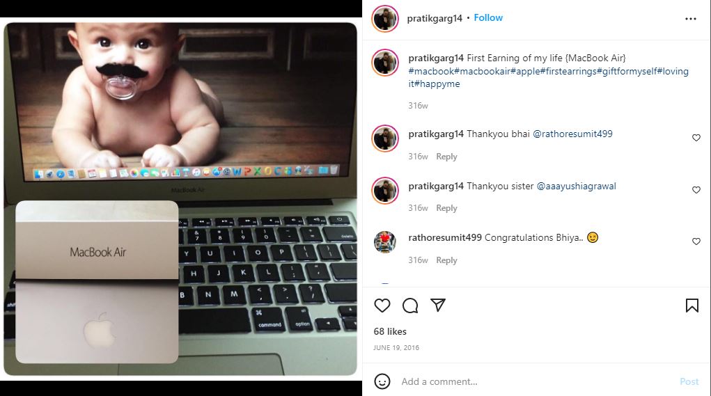 Pratik Garg's Instagram Post about his MacBook Air