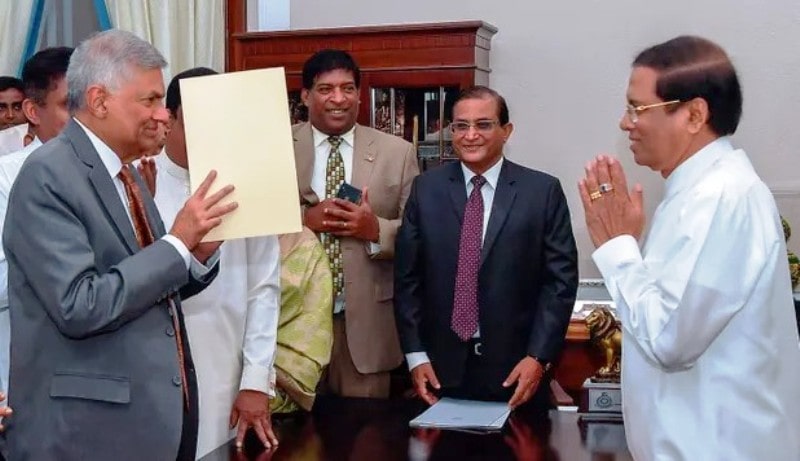 Ranil Wickremesinghe during the swearing-in ceremony after getting reinstated as the PM of Sri Lanka