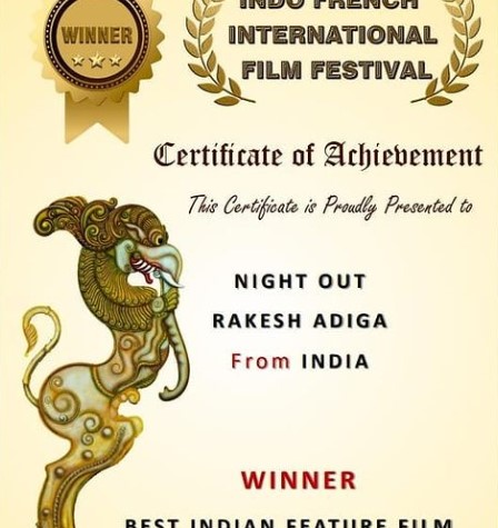 A certificate from Indo French film festival granted to Rakesh Adiga