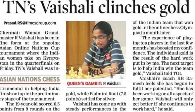 A newspaper article on Vaishali when she won a gold medal in 2020