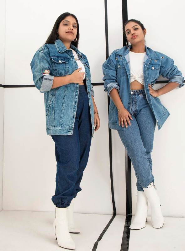 Ankita Bansal with her sister, Gayatri Bansal (co-founders THERE!) modelling their denim apparel