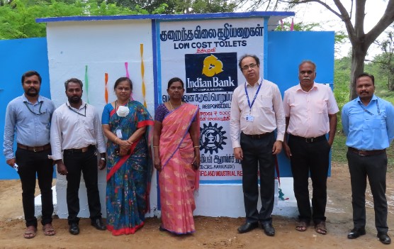 Kalaiselvi (in blue saree) during the inaugration of a fast-track construction of low cost toilet unit using CSIR-CECRI’s technology in Chennai