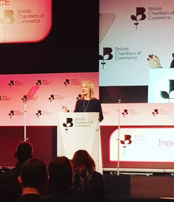 Liz giving a speech at the British Chambers of Commerce, BBC conference in March 2019