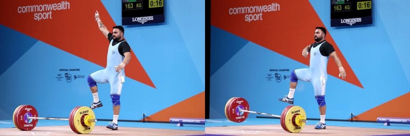 Lovepreet Singh doing Sidhu Moose Wala's signature 'thigh-five' to celebrate his lift of 163kg in the snatch round during the 2022 Commonwealth Games