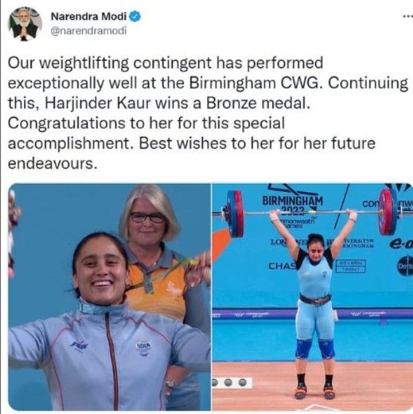Prime Minister Narendra Modi congratulated Harjinder Kaur on winning a gold medal at the 2022 Commonwealth Games