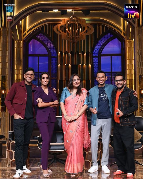 Radhika Gupta (centre), along with other judges, in the show 'Shark Tank India' (Season 3) (2023)