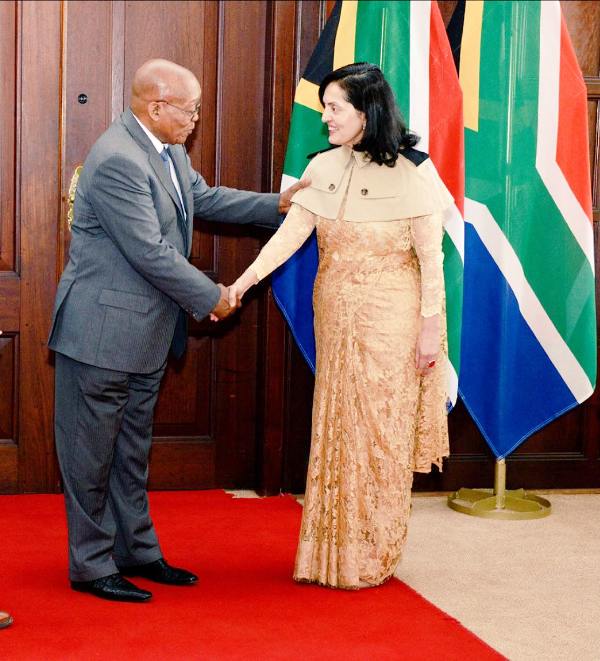 Ruchira Kamboj presenting credentials to President Jacob Zuma as High Commissioner of India to South Africa in 2017