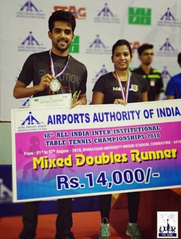 Sanil Shetty with his wife after winning a silver medal at the 48th All India Inter-Institutional Table Tennis Championships