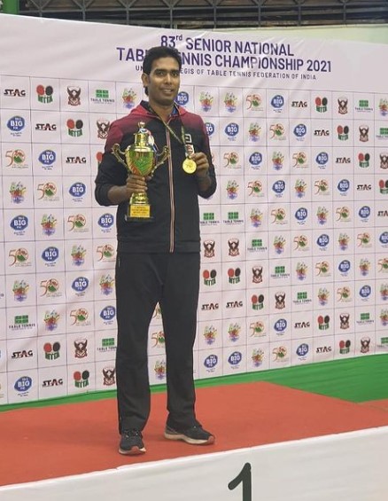 Sharath Kamal after winning a gold at 83rd National Senior championships in 2021