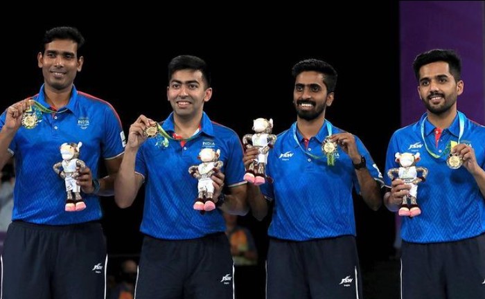 Sharath Kamal after winning gold medal in mixed doubles events in CWG 2022