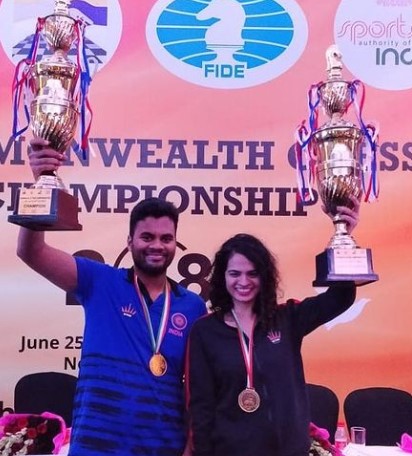 Tania Sachdev with his chess partner after winning the 2018 Commonwealth championships