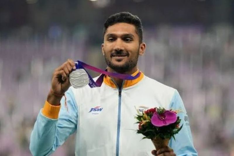 Tejaswin Shankar after winning the silver medal at the 2023 Asian Games