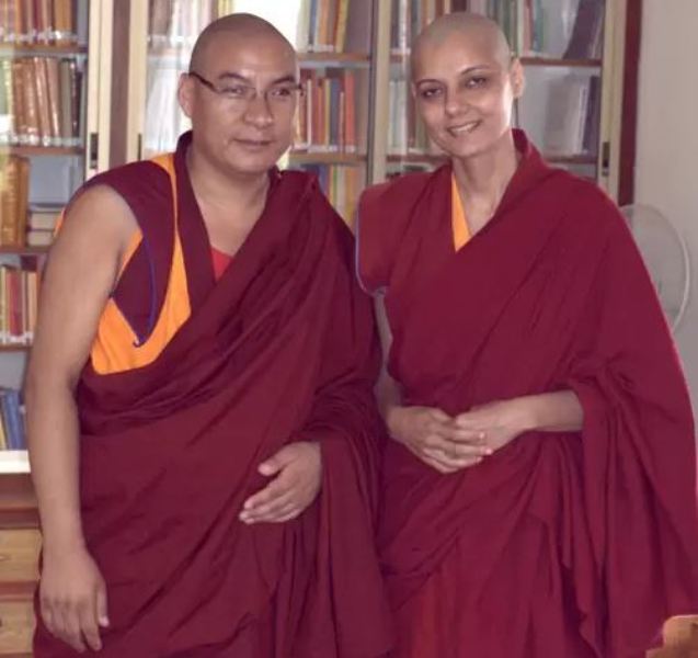 Ven. Gyalten Samten (Barkha Madan) with Geshe Sherab after getting ordained at Sera Je Monastery in November 2012