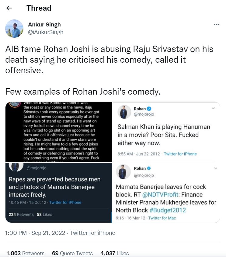 A Twitter user highlighting Rohan Joshi's derogatory comments against Mamata Banerjee