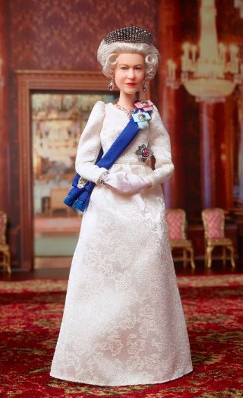 A barbie doll with the image of Queen Elizabeth II