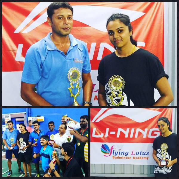 A collage of Abhinayashree's pictures in which she poses as a winner of the interclub Badminton tournament organised by Flying Lotus Badminton Academy in 2015