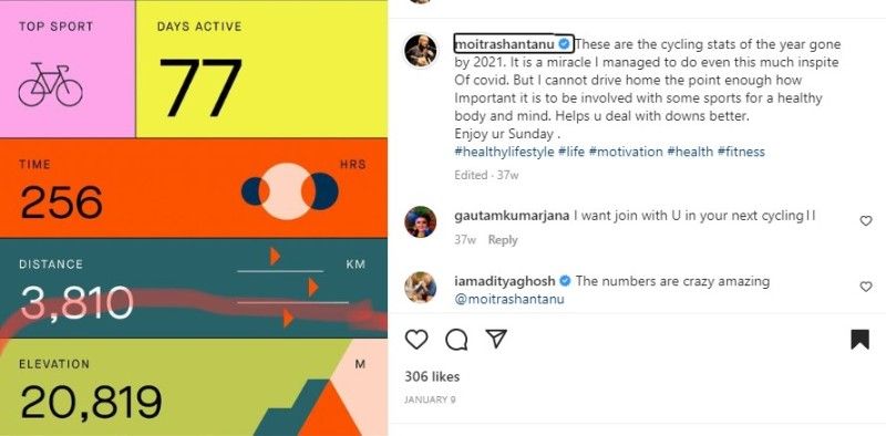 An Instagram image of Shantanu Moitra in which he shared his bicycle stats of 2021