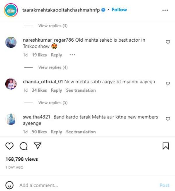An Instagram post in which the viewers are criticizing the makers of the show for replacing Shailesh Lodha with Sachin Shroff as the new Tarak Mehta