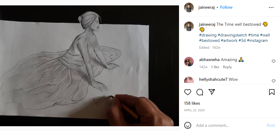 An Instagram post shared by Jaineeraj Rajpurohit in which he showcased an art sketched by him