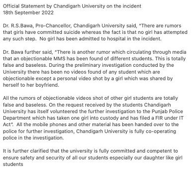 An official statement of the Chandigarh University in the MMS scandal